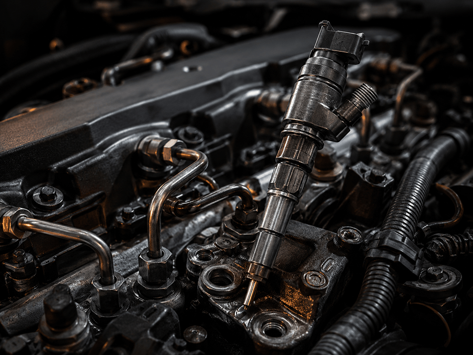 Close-up engine bay detail for specialist injector removal work