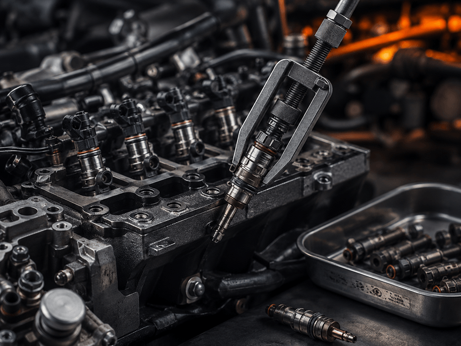 Mechanical workshop detail showing engine injector access
