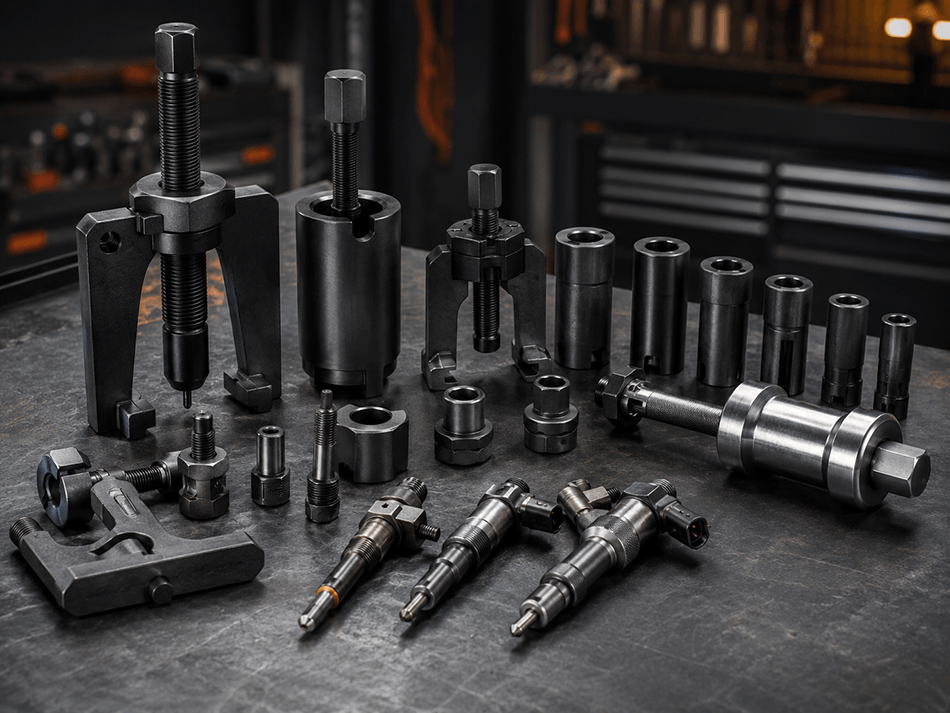 Specialist injector removal tooling beside engine components